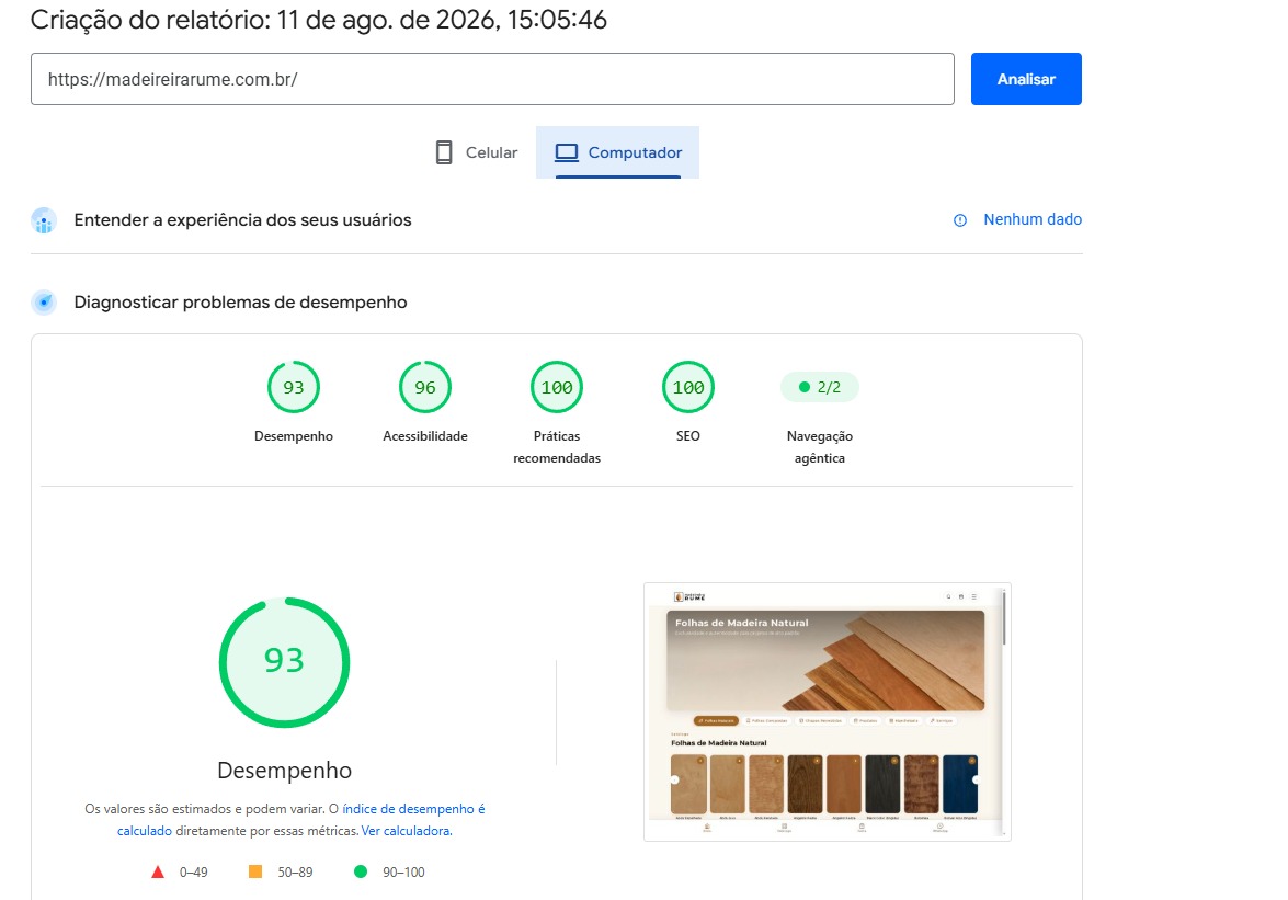 Core Web Vitals Madeireira Rume - PageSpeed Insights 93/96/100/100